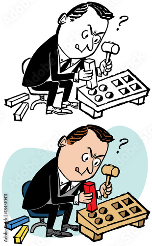 A man trying to fit a square peg in a round hole.