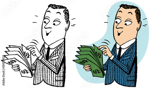 A man in a suit counting a stack of dollar bills.