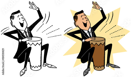 A man in a suit playing a bongo drum.