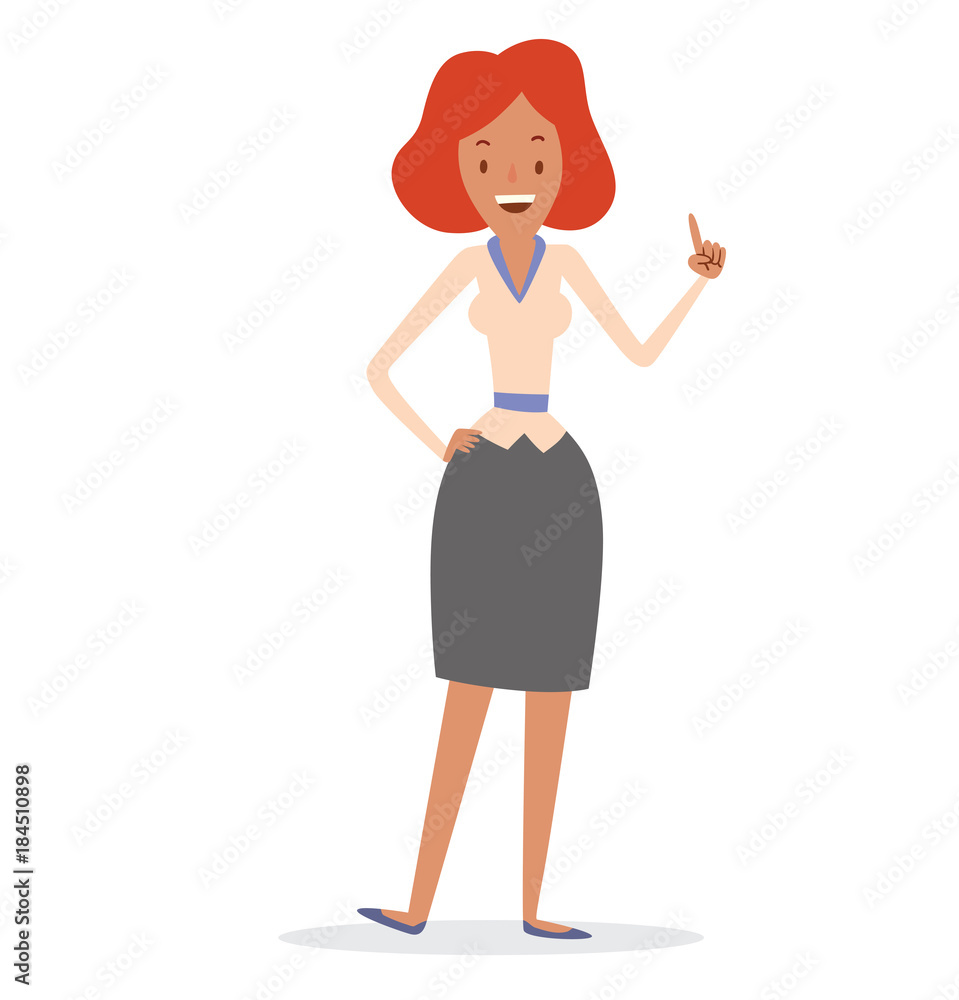 Vector cartoon image of a business woman with ginger hair in a gray skirt and light pink blouse showing the index finger and smiling on a white background. Business illustration. Vector illustration. Vector cartoon image of a business woman with ginger hair in a gray skirt and light pink blouse showing the index finger and smiling on a white background. Business illustration. Vector illustration.