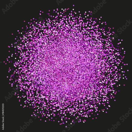 Purple sparkles and glittering powder spray. Sparkling glitter particles explosion on vector black transparent background. Violet star light shining or luxury fireworks and confetti outburst