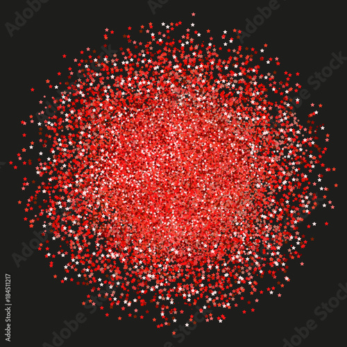 Red sparkles and glittering powder spray. Sparkling glitter particles explosion on vector black transparent background. Red star light shining or luxury fireworks and confetti outburst photo