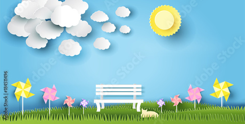 landscape design with bench on grass, sun, cloud, cat, paper art style, on pastel color background. vector illustration