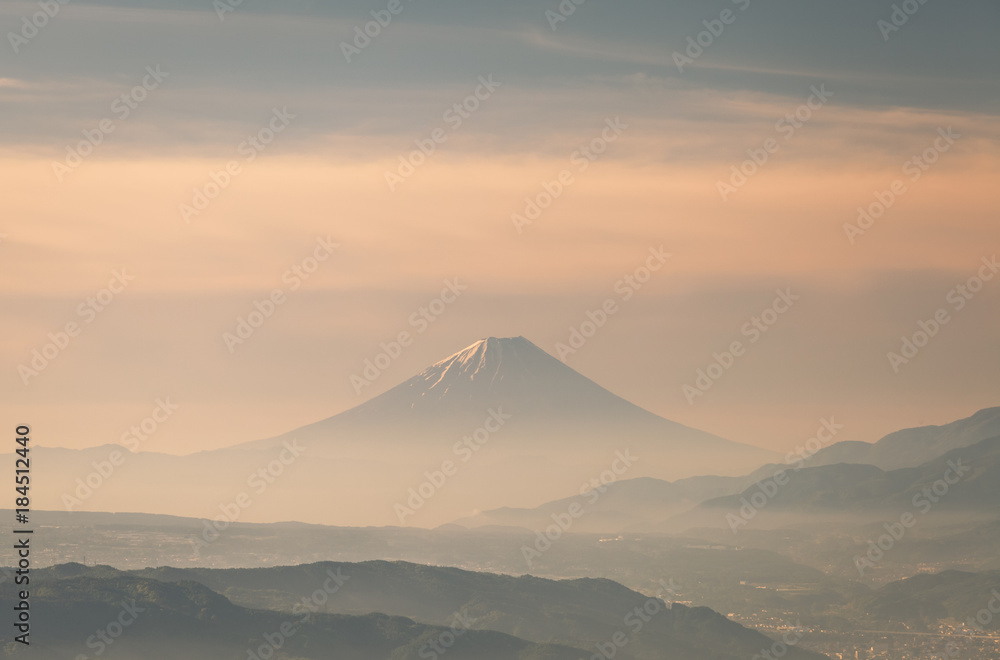 Mountain Fuji with morning mist in spring season