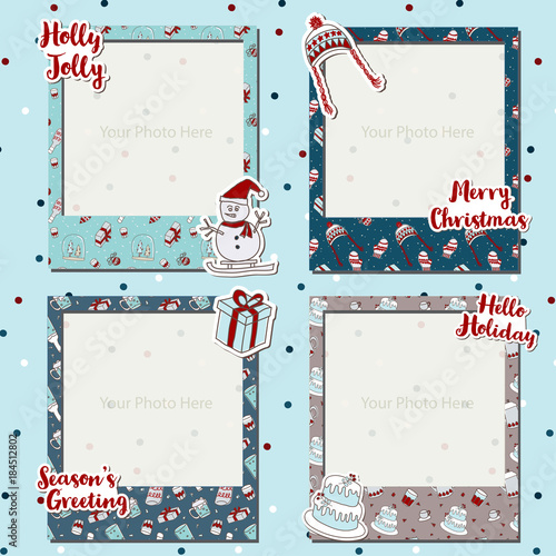 A Merry Christmas photograph frames set scrapbook design image, gift item with text, snowman, Christmas tree, bobble hat, cake, decorated scrapbook, photo book, celebration, season greeting.