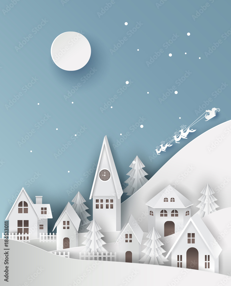 paper art landscape of christmas and happy new year with tree and house design. vector illustration