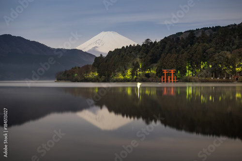 Mt.Fuji and Ashi lake at night time , the lake with Mount Fuji in the background is the symbol of Hakone , Kanagawa prefecture , Japan