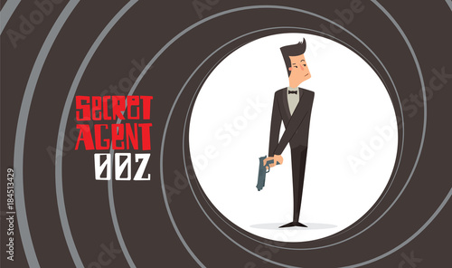 Vector image of a black background in the form of a gun barrel with a cartoon image of a secret agent in a black tuxedo with a gray gun in his hand in the center. Spy, detective. Vector illustration.