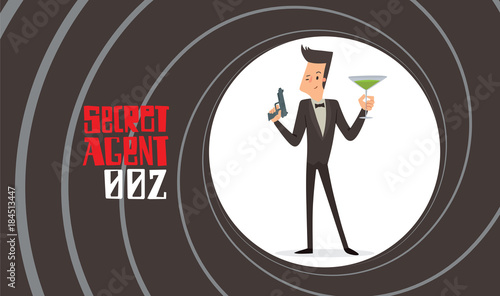 Vector image of a black background in the form of a gun barrel with a cartoon image of a secret agent in a black tuxedo with a gun and green cocktail in hand in the center. Spy. Vector illustration.