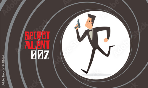Vector image of a black background in the form of a gun barrel with a cartoon image of a secret agent in a black tuxedo running with a gray gun in his hand in the center. Spy. Vector illustration.