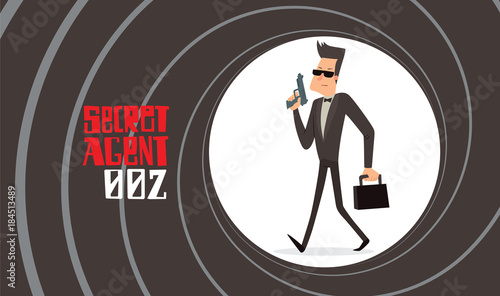 Vector image of a black background in the form of a gun barrel with a cartoon image of a secret agent in a black tuxedo walking with a gun and with a briefcase in the center. Spy. Vector illustration.