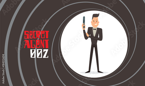 Vector image of a black background in the form of a gun barrel with a cartoon image of a secret agent in a black tuxedo smiling with a gray gun in his hand in the center. Spy. Vector illustration.
