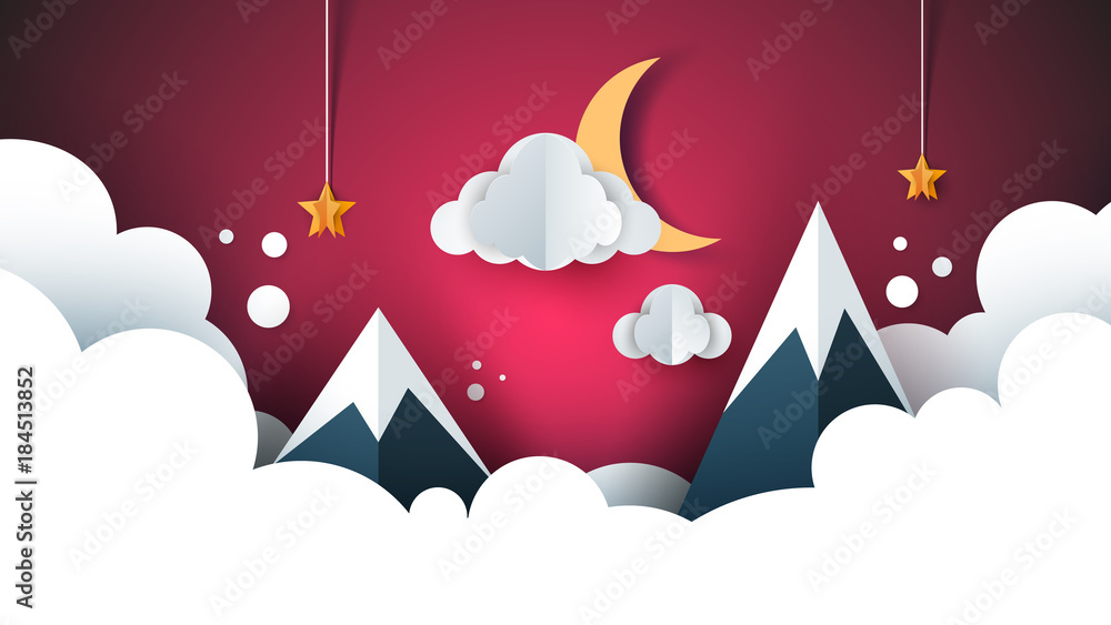 cartoon paper landscape. Mountain, cloud, moon, star. cartoon paper landscape. Mountain, cloud, moon, star.