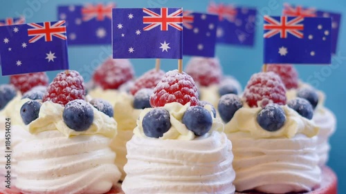 Australian mini pavlovas and flags in red, white and blue for Australia Day or national holiday party food treats.