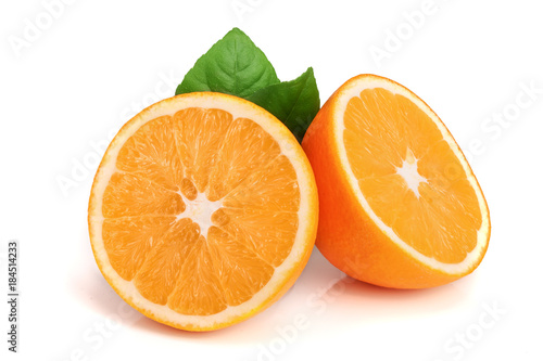 Orange half slice with leaf isolated on the white background