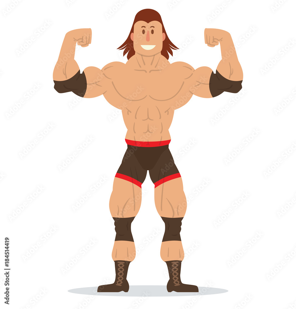 Vettoriale Stock Vector cartoon image of a wrestler with brown hair in  black shorts, knee pads, elbow pads and boots standing in a pose  bodybuilder on a white background. Wrestling. Flat image.