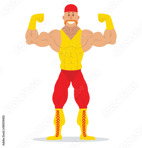 Vector cartoon image of a wrestler in a red bandana, red pants and yellow t-shirt, boots and gloves standing in a pose bodybuilder on a white background. Wrestling. Flat image. Vector illustration.