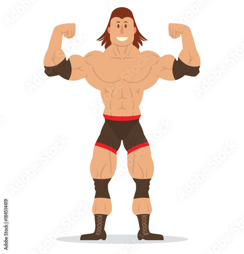 Vector cartoon image of a wrestler with brown hair in black shorts, knee pads, elbow pads and boots standing in a pose bodybuilder on a white background. Wrestling. Flat image. Vector illustration.