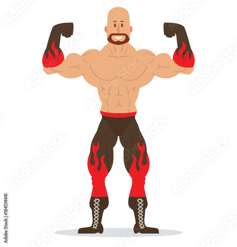 Vector cartoon image of a bald wrestler with a beard, in black pants and gloves with red flames standing in the pose of a bodybuilder on a white background. Wrestling. Flat image. Vector illustration.