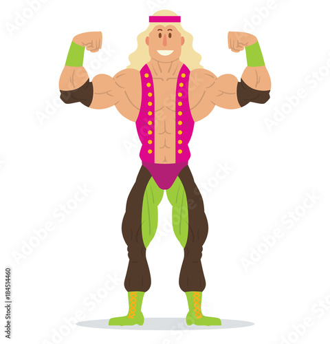 Vector cartoon image of a wrestler with long blond hair in a black-green pants, pink vest and green shoes standing in the pose of a bodybuilder on a white background. Wrestling. Vector illustration.