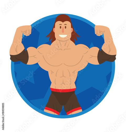Vector image of a round blue frame with cartoon image of a wrestler with brown hair in black shorts and elbow pads in the center on a white background. Wrestling. Flat image. Vector illustrations.