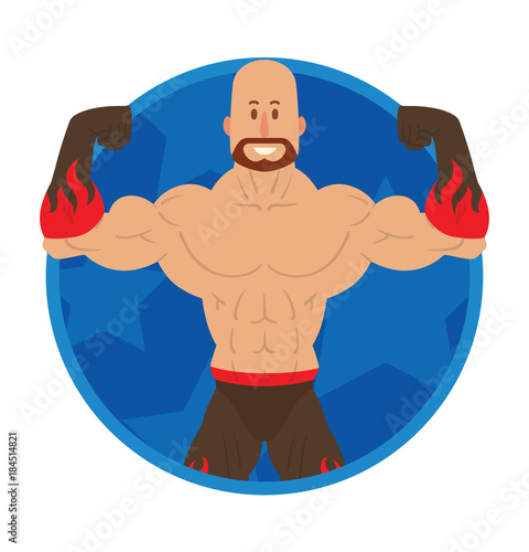 Vector image of a round blue frame with cartoon image of a bald wrestler with a beard in black and red pants and gloves in the center on a white background. Wrestling. Flat image. Vector illustrations