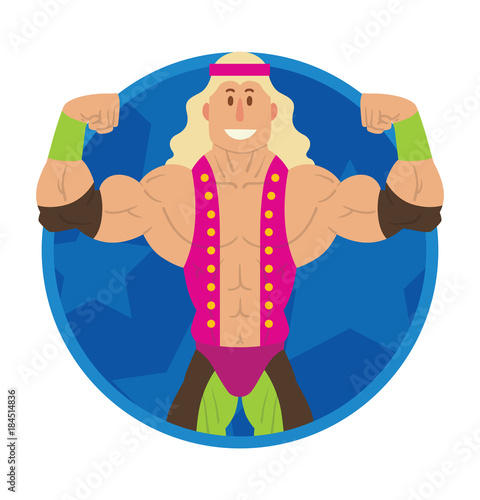 Vector image of a round blue frame with cartoon image of a wrestler with blond hair in black-green pants and pink vest in the center on a white background. Wrestling. Flat image. Vector illustrations.