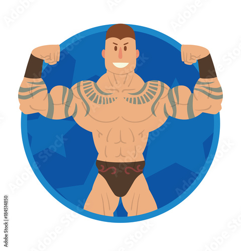 Vector image of a round blue frame with cartoon image of a wrestler with brown hair, with tattoos in black shorts in the center on a white background. Wrestling. Flat image. Vector illustrations.