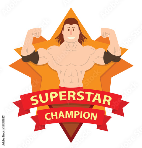 Vector image of frame as an orange star with red banners with inscription "Superstar Champion" and with cartoon image of a wrestler with brown hair in the center on a white background. Wrestling.