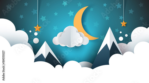 Night landscape - cartoon illustration. Cloud, mountain, moon, star.