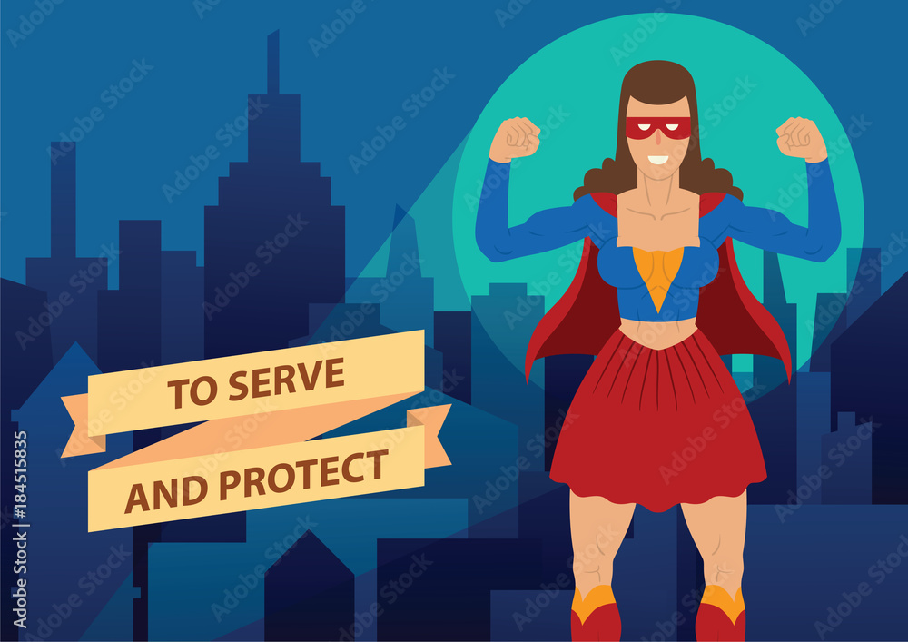 Vector cartoon image of a woman superhero. Superhero with brown hair, in red mask and red-blue suit. Superhero standing on the background of night city. Banner. Vector illustration of woman superhero. Vector cartoon image of a woman superhero. Superhero with brown hair, in red mask and red-blue suit. Superhero standing on the background of night city. Banner. Vector illustration of woman superhero.