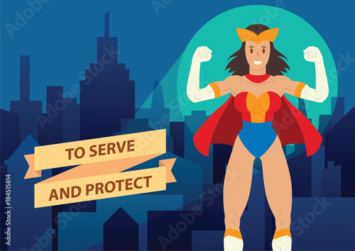 Vector cartoon image of a woman superhero. Superhero with black hair in red-blue suit and red coat. Superhero standing on the background of night city. Banner. Vector illustration of a woman superhero