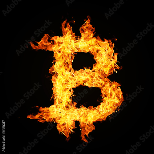 Crypto currency Bitcoin icon from fire flame isolated on black background.