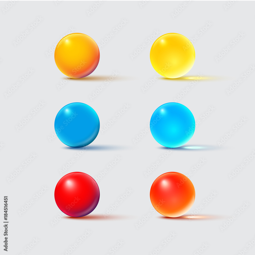 Color glass balls isolated on grey. Vector realistic design element set.