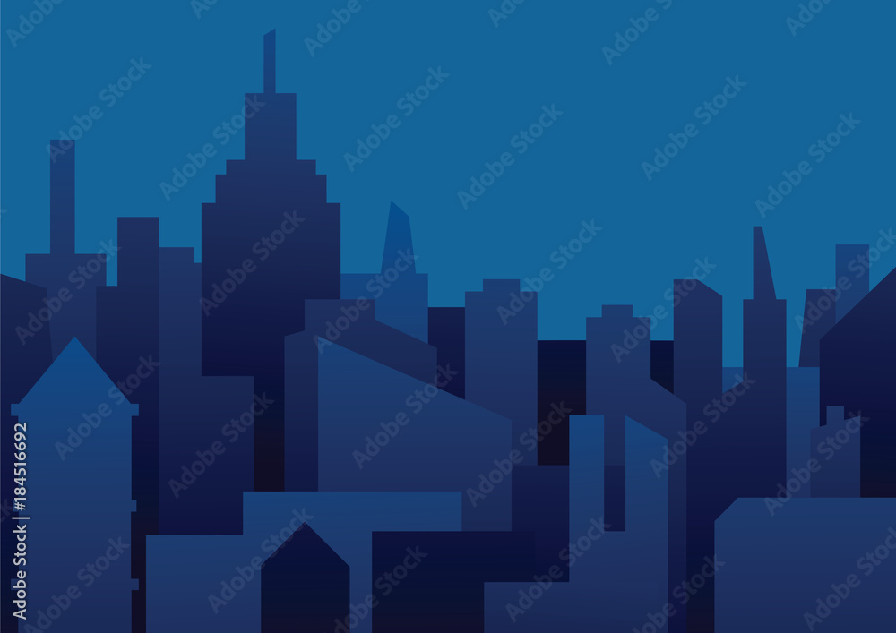 Vector image of a background of night city. Night city in dark blue tones. Flat style. Silhouettes of buildings on a dark blue night background. Vector illustration of night city background.