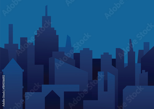 Vector image of a background of night city. Night city in dark blue tones. Flat style. Silhouettes of buildings on a dark blue night background. Vector illustration of night city background.