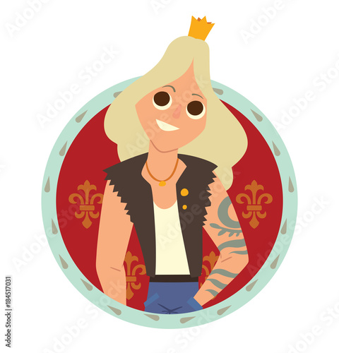 Vector image of a round red-blue frame. Cartoon image of a modern prince. Man with long blonde hair. Man with tattoos in black vest and gold crown. Vector frame with cartoon prince on white background