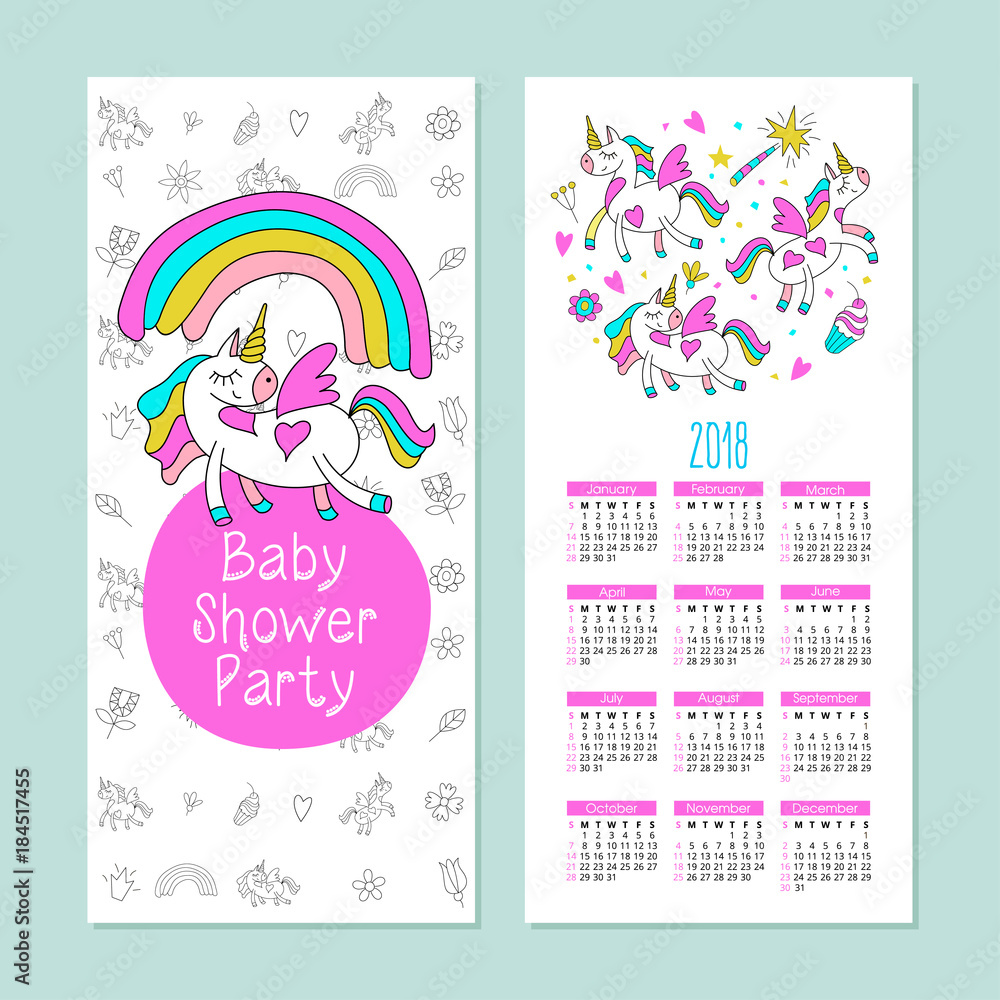 Obraz premium Calendar 2018. Vector illustration. Cartoon unicorn.