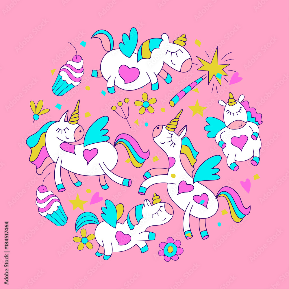 Unicorns. Baby shower illustration Unicorns. Baby shower illustration