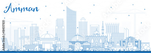 Outline Amman Jordan Skyline with Blue Buildings.