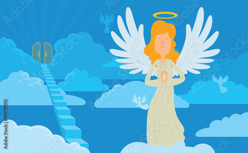 Vector cartoon image of a female angel on a background of heaven. Angel with long blond hair in a white chasuble. Blue background with clouds, angels, stairs and gates. Angel with a halo over her head
