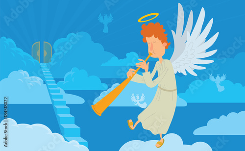 Vector cartoon image of a male angel on a background of heaven. Angel with orange curly hair in a white chasuble. Blue background with clouds, angels, stairs and gates. Angel with a halo over his head