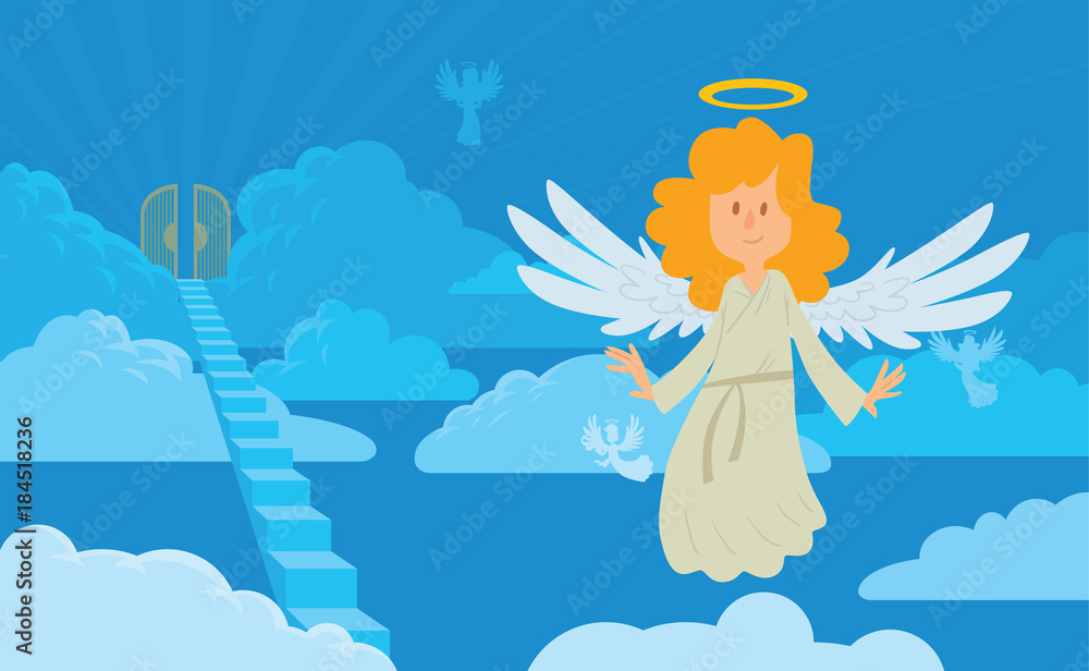 Vector cartoon image of a little female angel on a background of heaven. Little female angel with blond hair in a white chasuble. Blue background with clouds, angels, stairs and gates. Angel with halo Vector cartoon image of a little female angel on a background of heaven. Little female angel with blond hair in a white chasuble. Blue background with clouds, angels, stairs and gates. Angel with halo