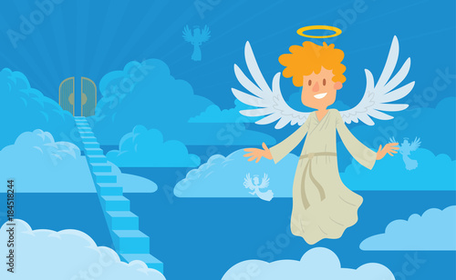 Vector cartoon image of a little male angel on a background of heaven. Little male angel with blond hair in a white chasuble. Blue background with clouds, angels, stairs and gates. Angel with halo.