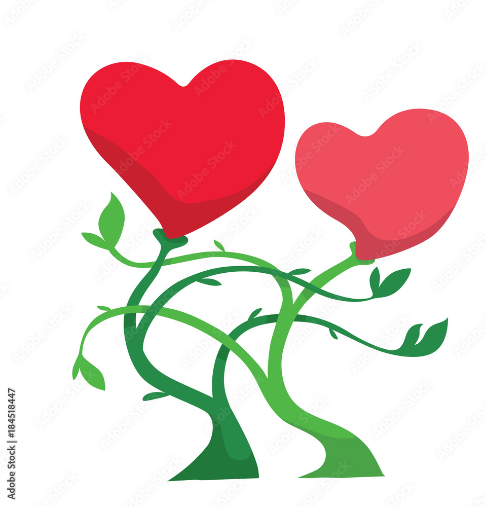The vector image of two flowers in the shape of heart symbols. Red flower buds in the form of hearts on a green stems with leaves. Beautiful red flowers. Family. Valentine's Day. Vector illustration.