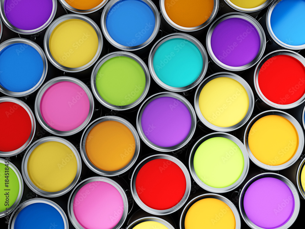 Multi colored paint cans background. 3D illustration Multi colored paint cans background. 3D illustration