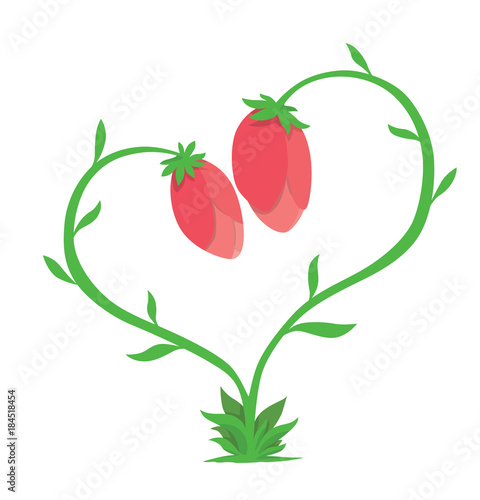 Vector image of two flowers bowed to each other in the form of heart symbols. Red flower buds on green stems with leaves in the shape of a heart. Family, love. Valentine's Day. Vector illustration.