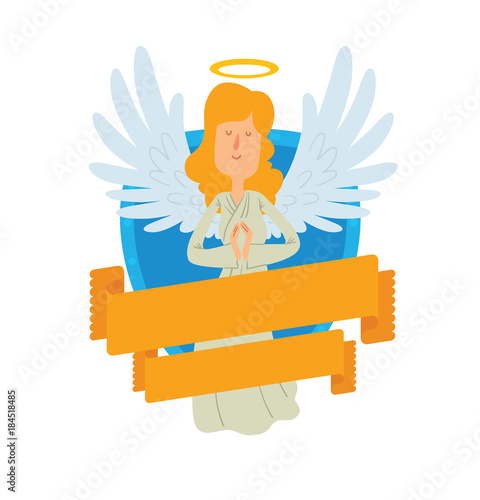 Vector image of emblem in the form of a blue shield and yellow banner. Emblem with cartoon female angel with long blond hair. Angel in a white chasuble and with gold halo over head. Emblem with angel.