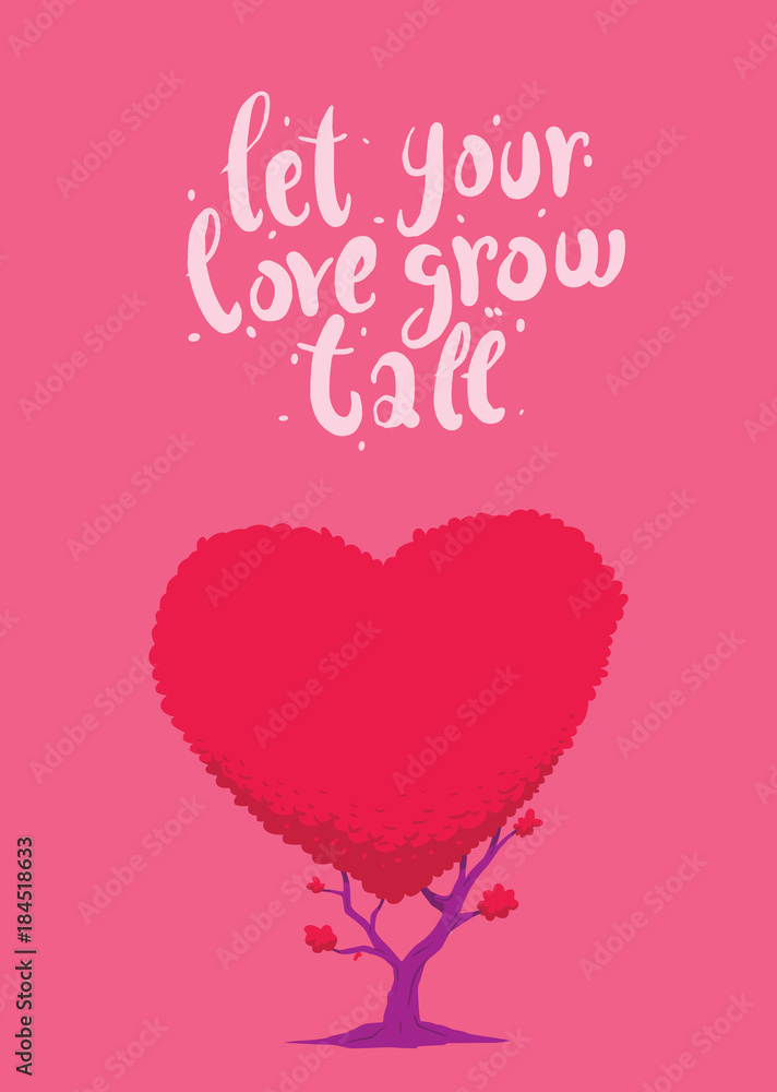 Vector image of pink card with a tree in the form of heart. Tree with bright pink foliage in the form of a big heart on a pink background. The inscription 