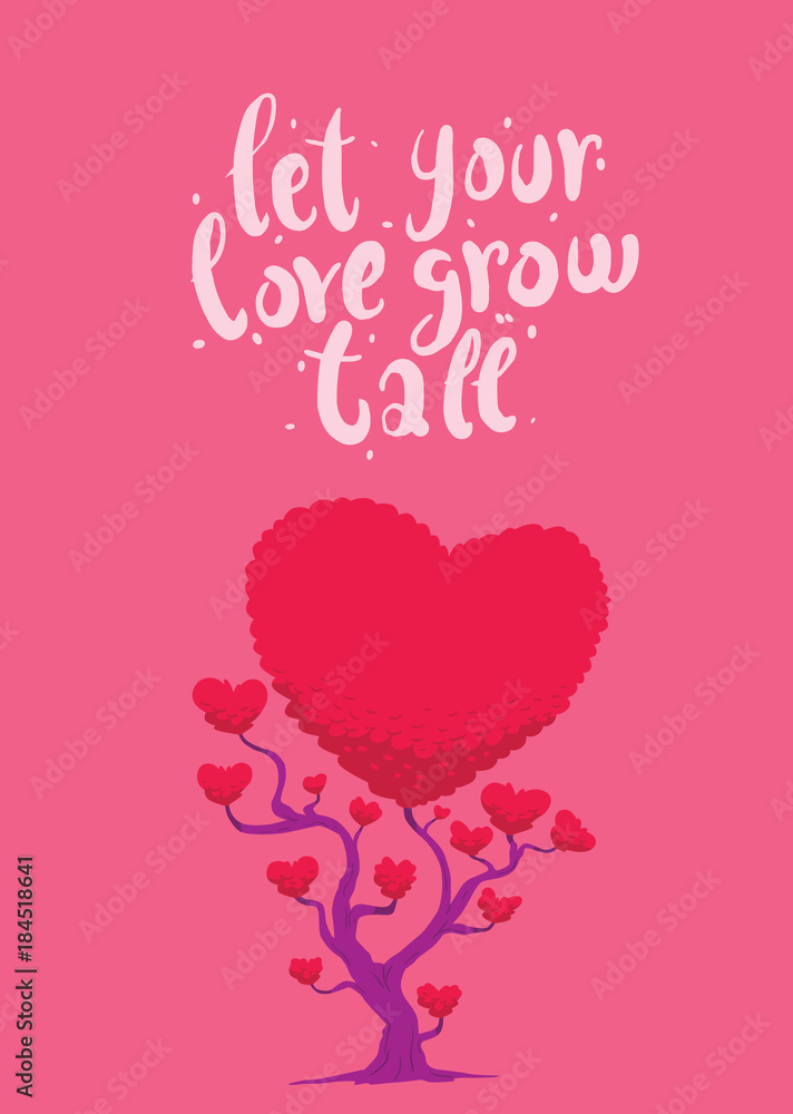 Vector image of pink card with a tree in the form of hearts. Tree with bright pink foliage in the form of big heart and a lot of little hearts on pink background. Inscription 